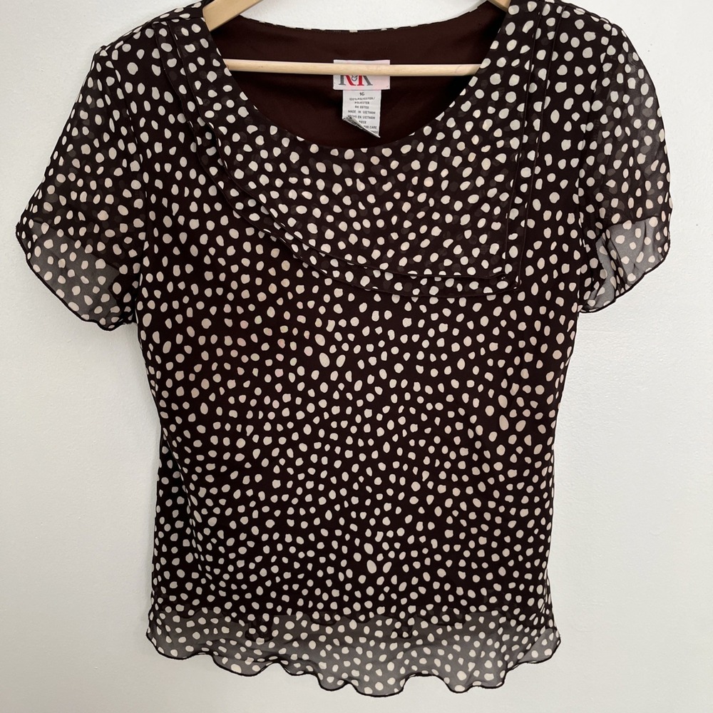 RK Originals Brown Polka Dot Short Sleeve Chiffon Blouse Size 16 Lettuce Hem